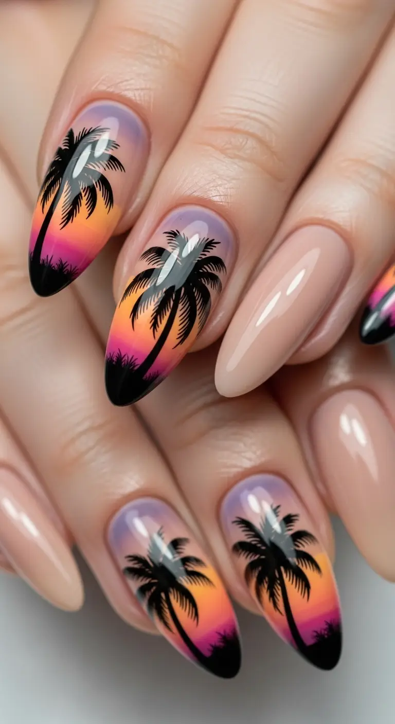 Palm Tree Silhouette on Nude Base Almond Nails