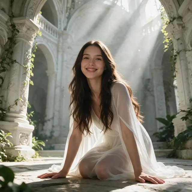A girl with long wavy hair, wearing a long translucent white dress, kneeling on the floor, hands on the ground, in an ethereal white stone palace with greenery, sunlight seeping through, broad genuine smile, majestic, cinematic and dreamy atmosphere.