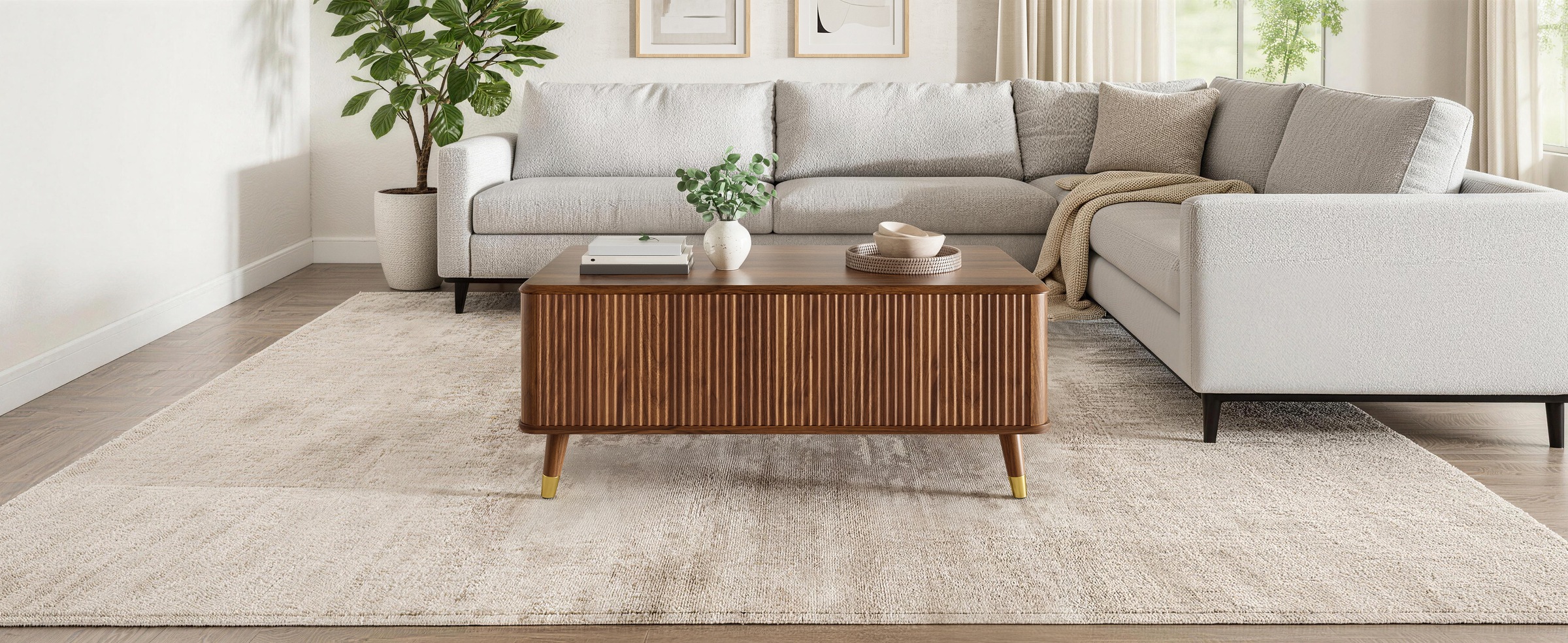 Table Basse Noyer, Rangement, Fermeture Douce, Étagères Réglables, Plan Relevable, Design Moderne - Panneau composite de fibres de bois à densité et Bois - 97x52x56.5cm 2