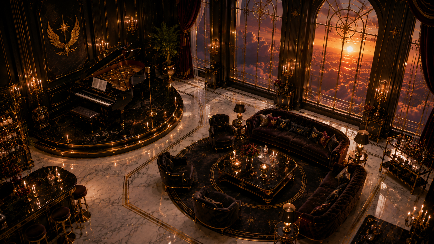 Private Performance Lounge on floor one of Apollo's Skyward Residence, with piano, microphone, black and gold lounge seating, bar, candles, and sunset windows