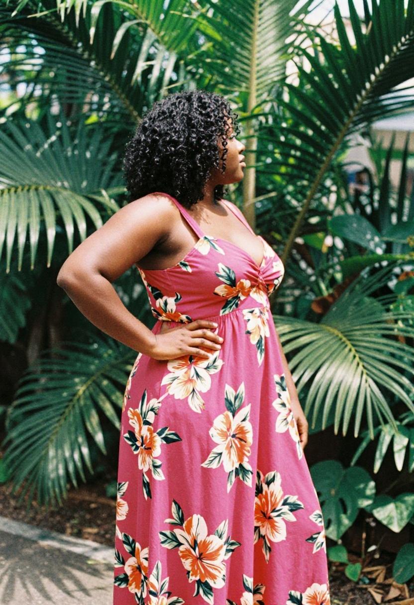 Plus size woman in vibrant magenta floral maxi dress in a profile pose showing off curves