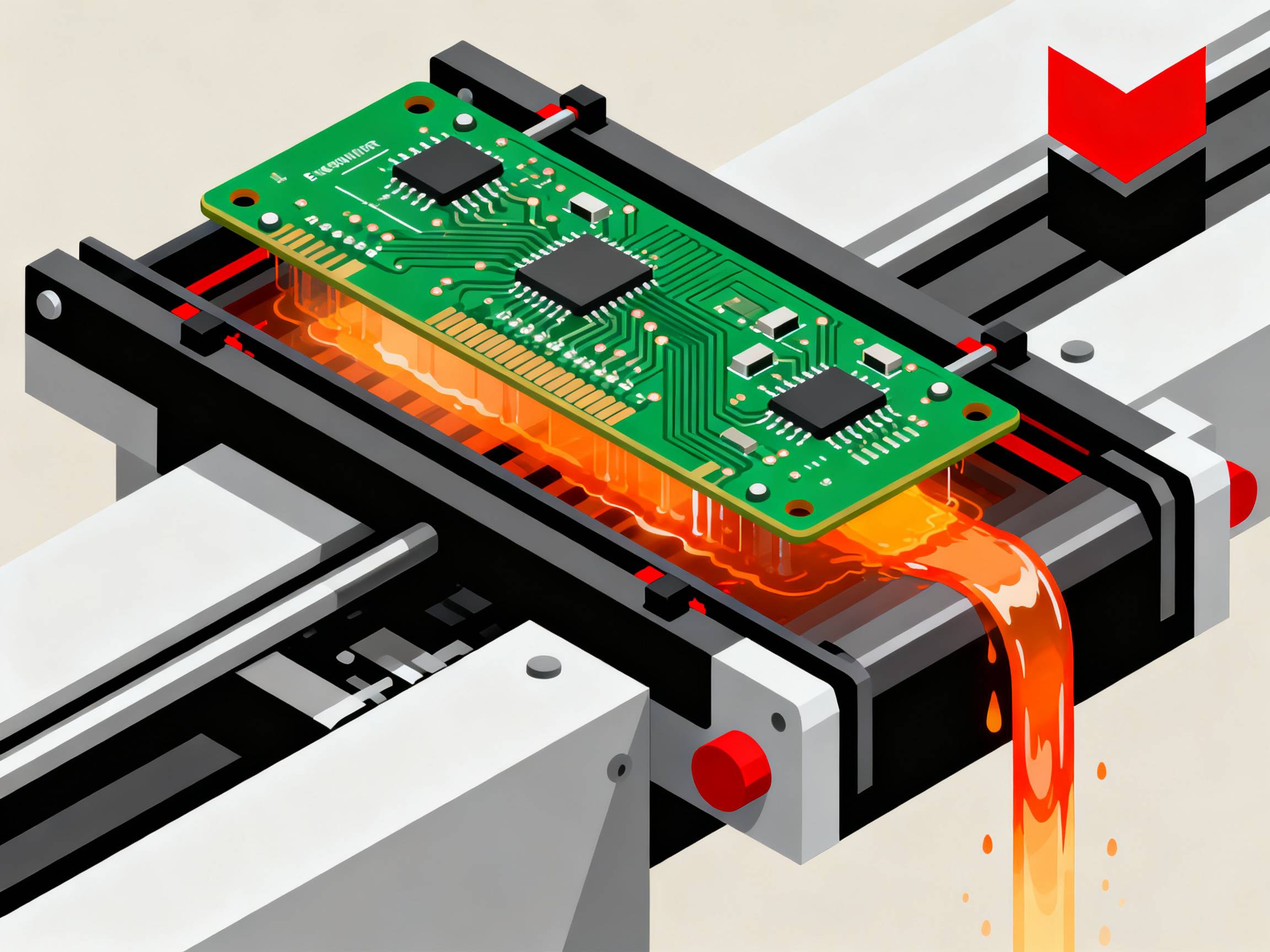 PCB wave soldering on assembly line.