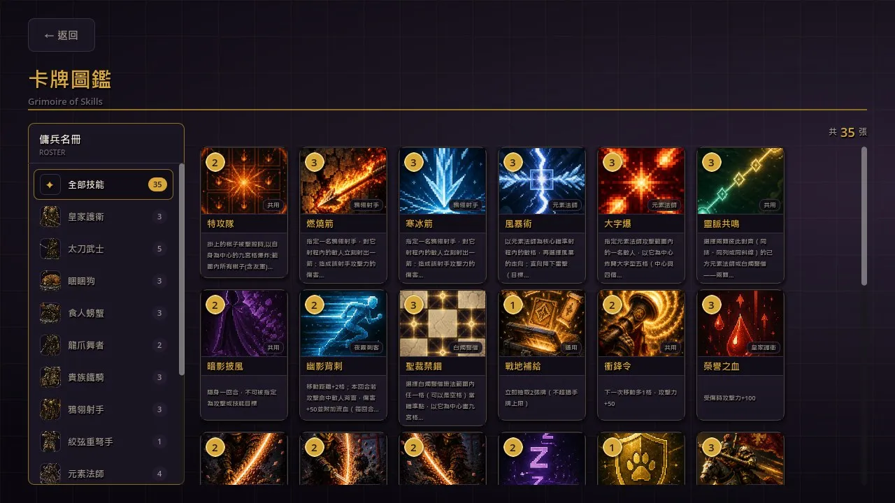 Godot 戰棋卡牌遊戲的卡牌圖鑑畫面：每張技能卡都有各自的卡面美術