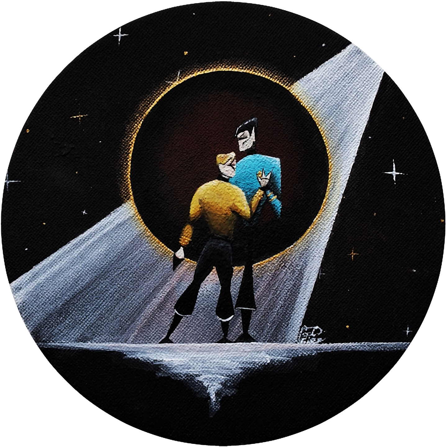  Kirk and Spock standing in front of each other, hands touching, heads bent together. The background is stars, a lightbeam and a planet.