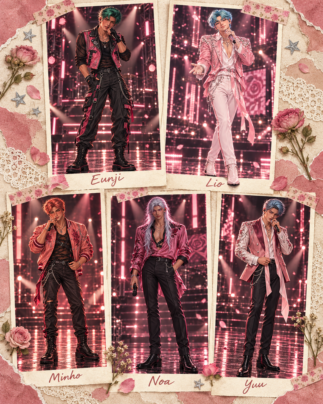 ROS3LINE member scrapbook featuring Eunji, Lio, Minho, Noa, and Yuu.