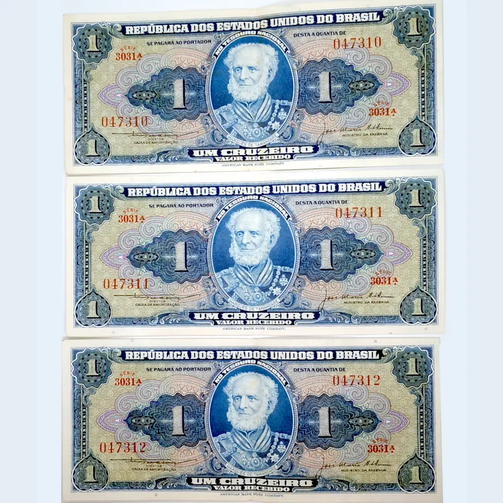 3 Cédulas do Brasil 1 Cruzeiro 1956 Sequenciais – Marquês de Tamandaré – C013 MBC+