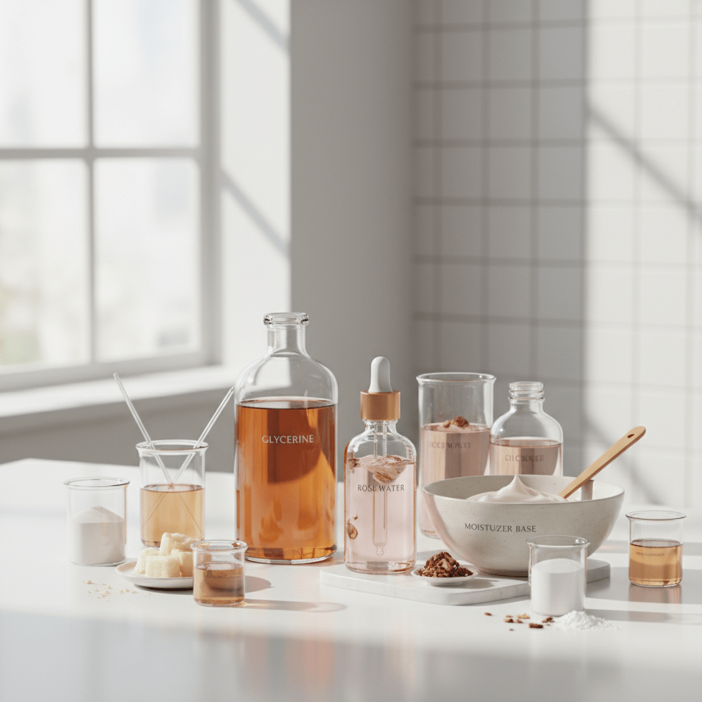 Clean laboratory-style still life of glycerine and rose water ingredients