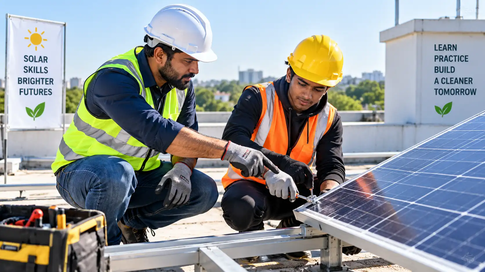 Trainer guiding students through hands-on solar panel installation