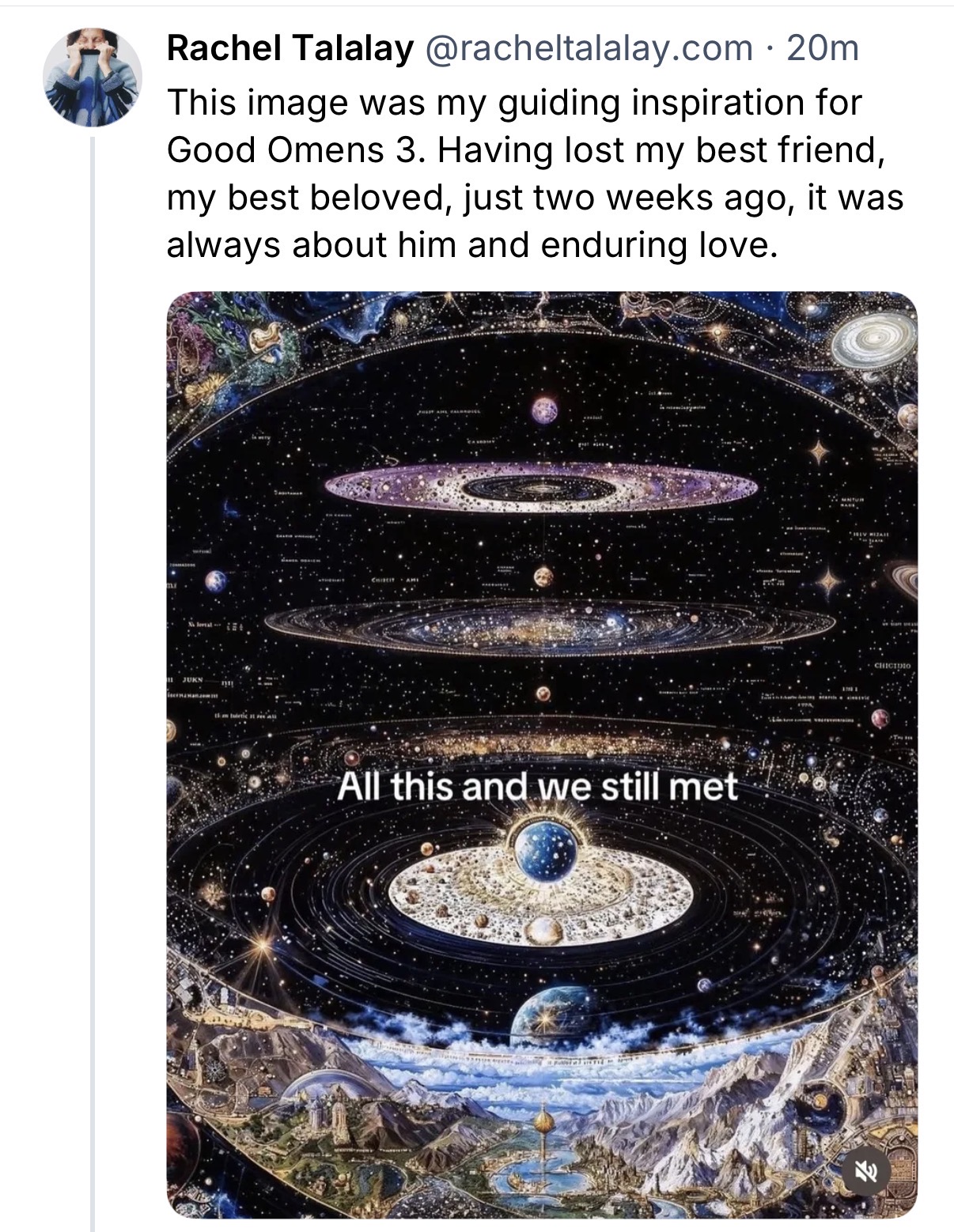 An exploded image of the layers of the universe, with text reading All this and still we met