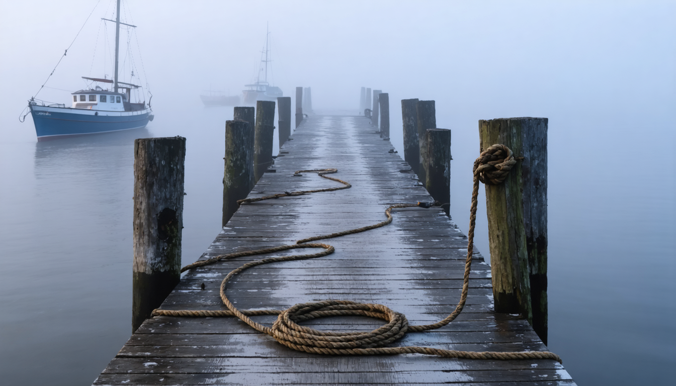 A weathered wooden pier extending into fog over calm harbor water at dawn, with coiled rope and worn wooden pilings in the foreground.