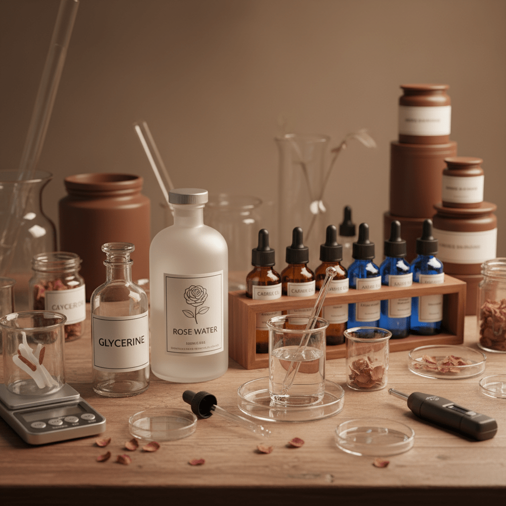 Ingredient formulation workspace with glycerine, rose water, carrier oils, and droppers