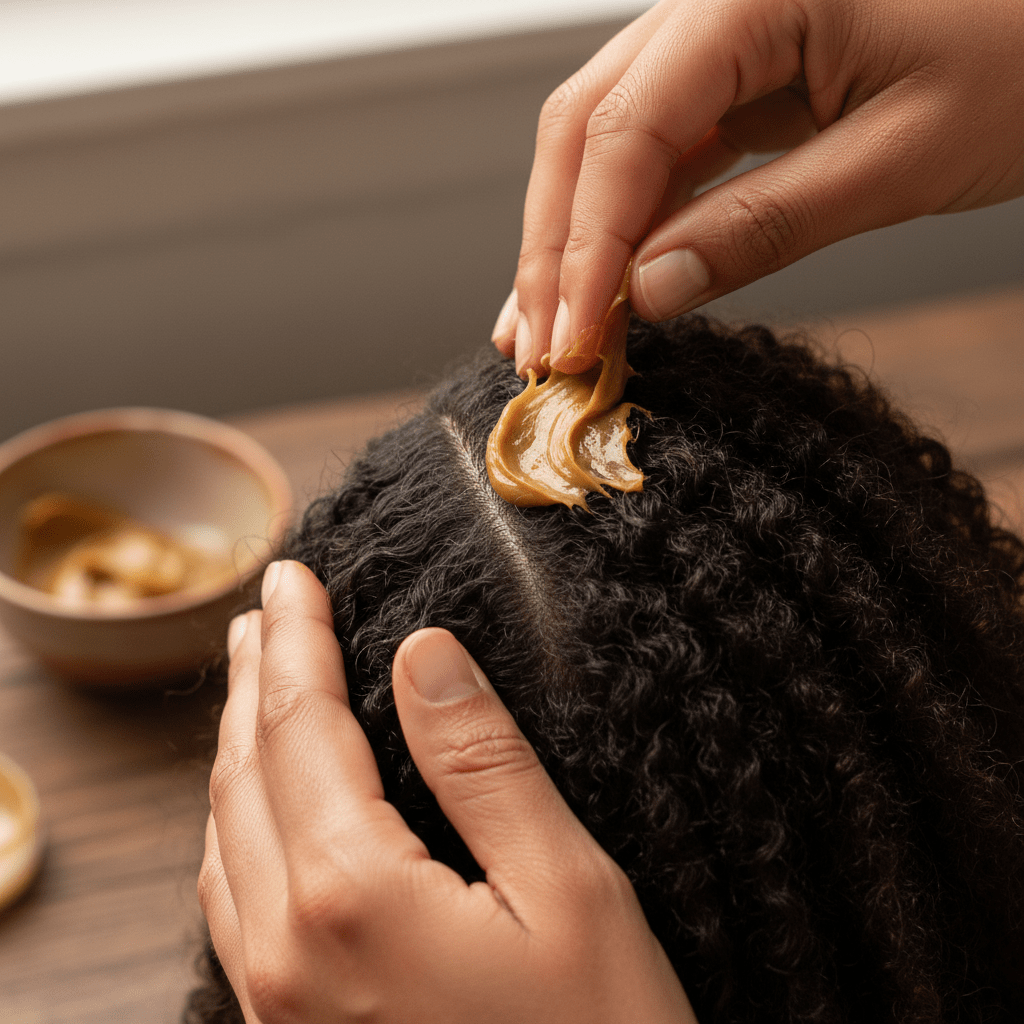 Hands applying beeswax pomade to twists and edges for smooth hold