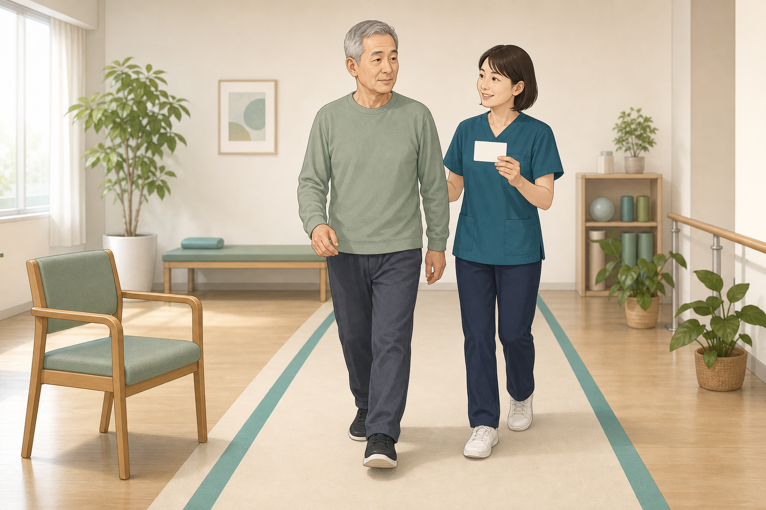 専門職と会話しながら歩く二重課題練習の様子