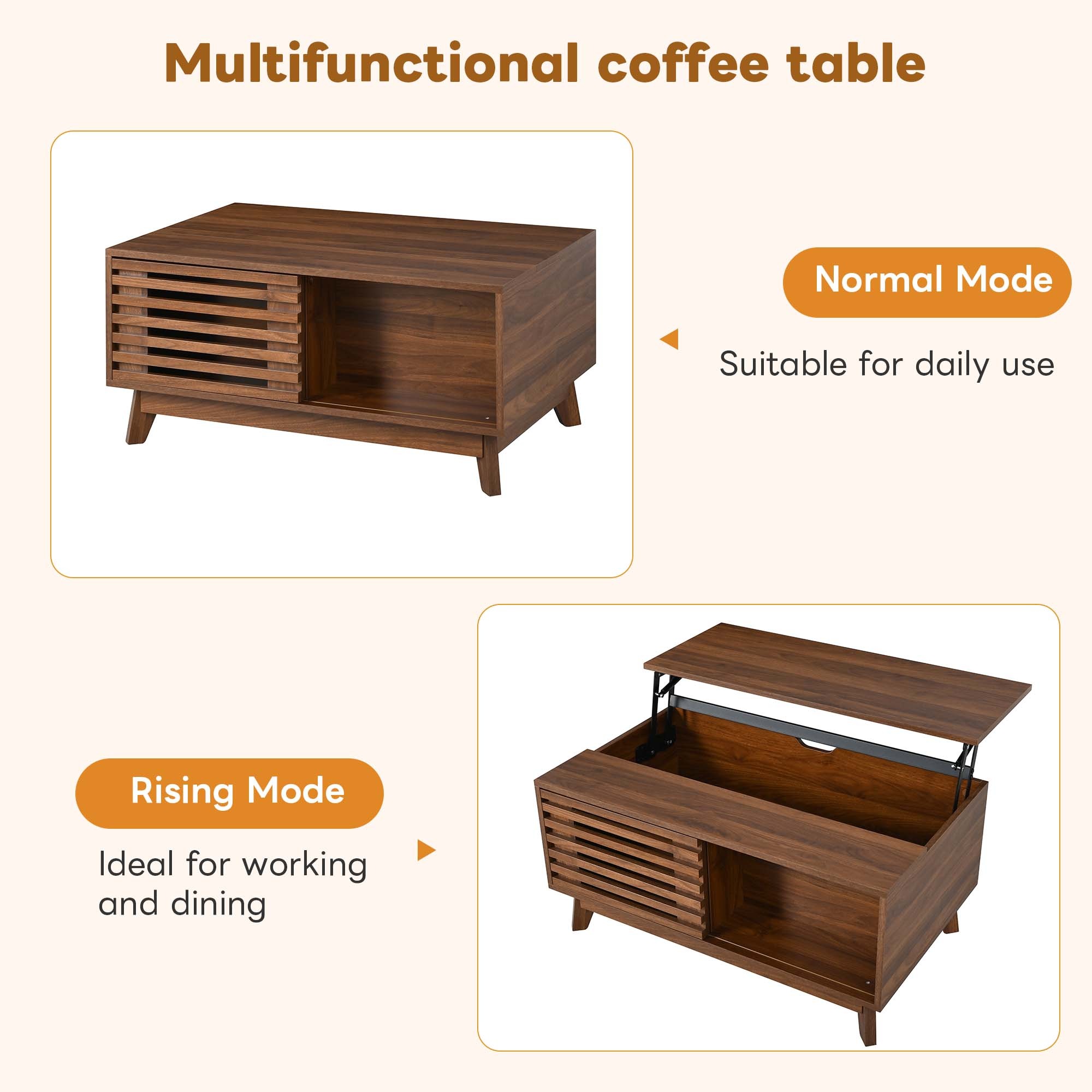 Table Basse Noyer, Rangement, Étagères Réglables, Plan Relevable, Design Moderne, Structure Robuste - Panneau composite de fibres de bois à densité - 90x55x57.5cm - Salon 6