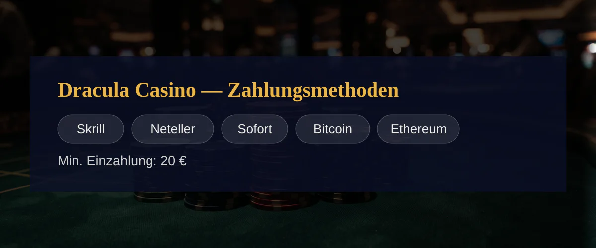 Dracula Casino — Zahlungsmethoden: Skrill, Neteller, Sofort, Bitcoin, Ethereum