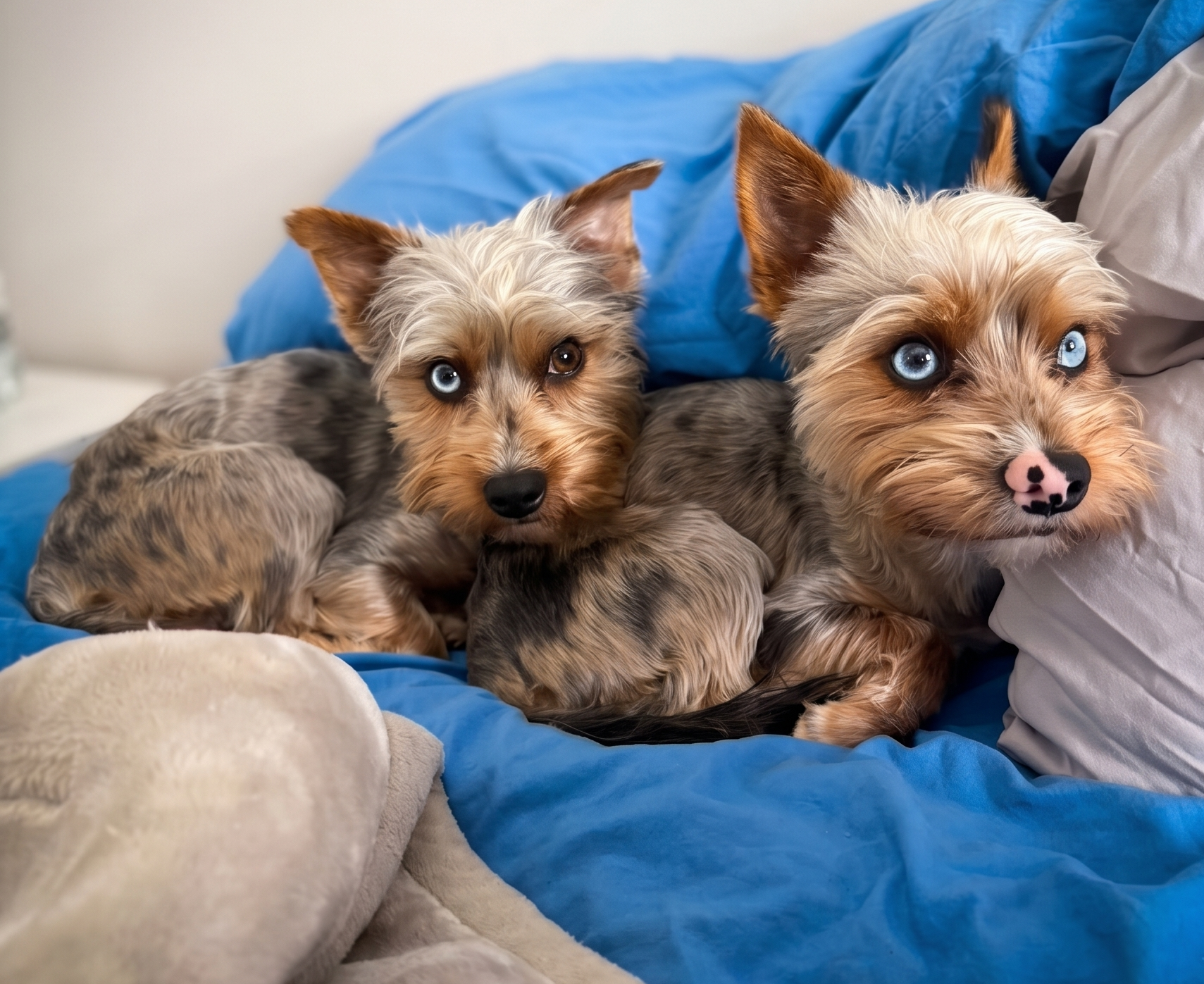 Bonded pair of young male Yorkshire Terriers Frodo and Floki with striking blue eyes in Cape Town