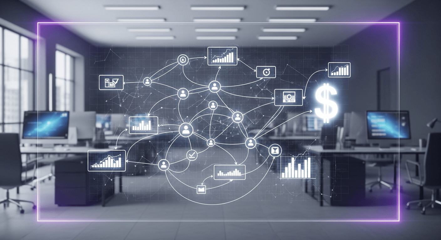 A transparent screen showing a complex customer journey map leading to a dollar sign.
