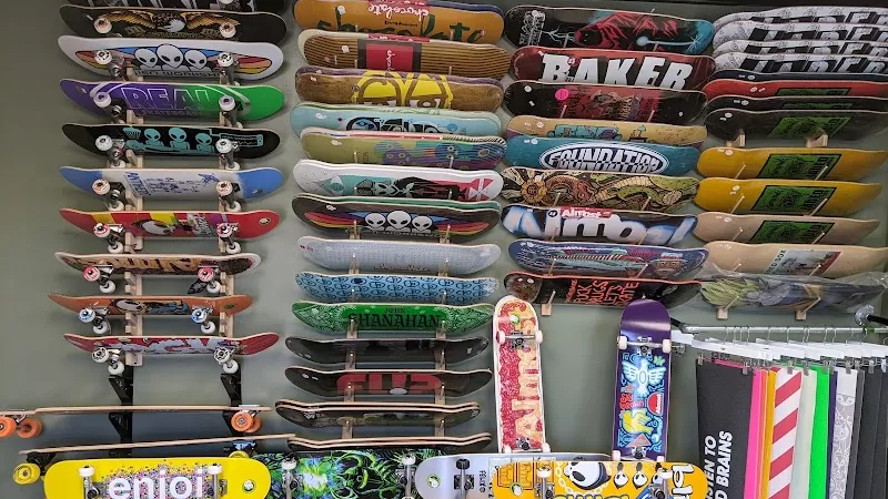 Skateboard shop display with many skateboard decks