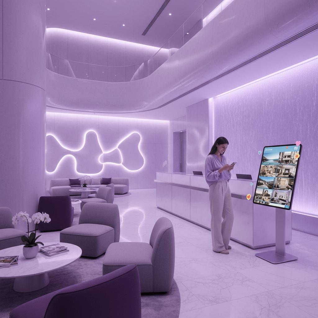 Modern hotel guest using social media in a stylish lobby