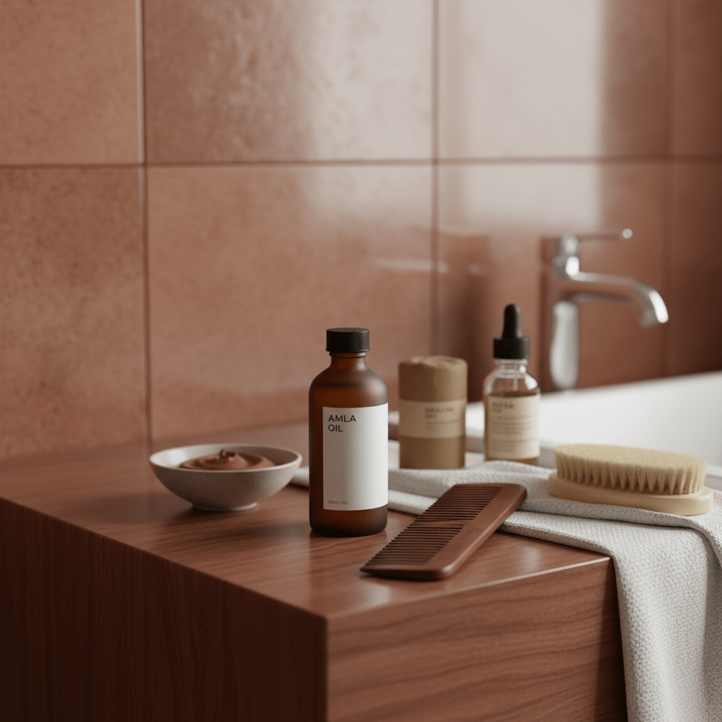 Amla oil bottle and scalp-care essentials on a clean vanity