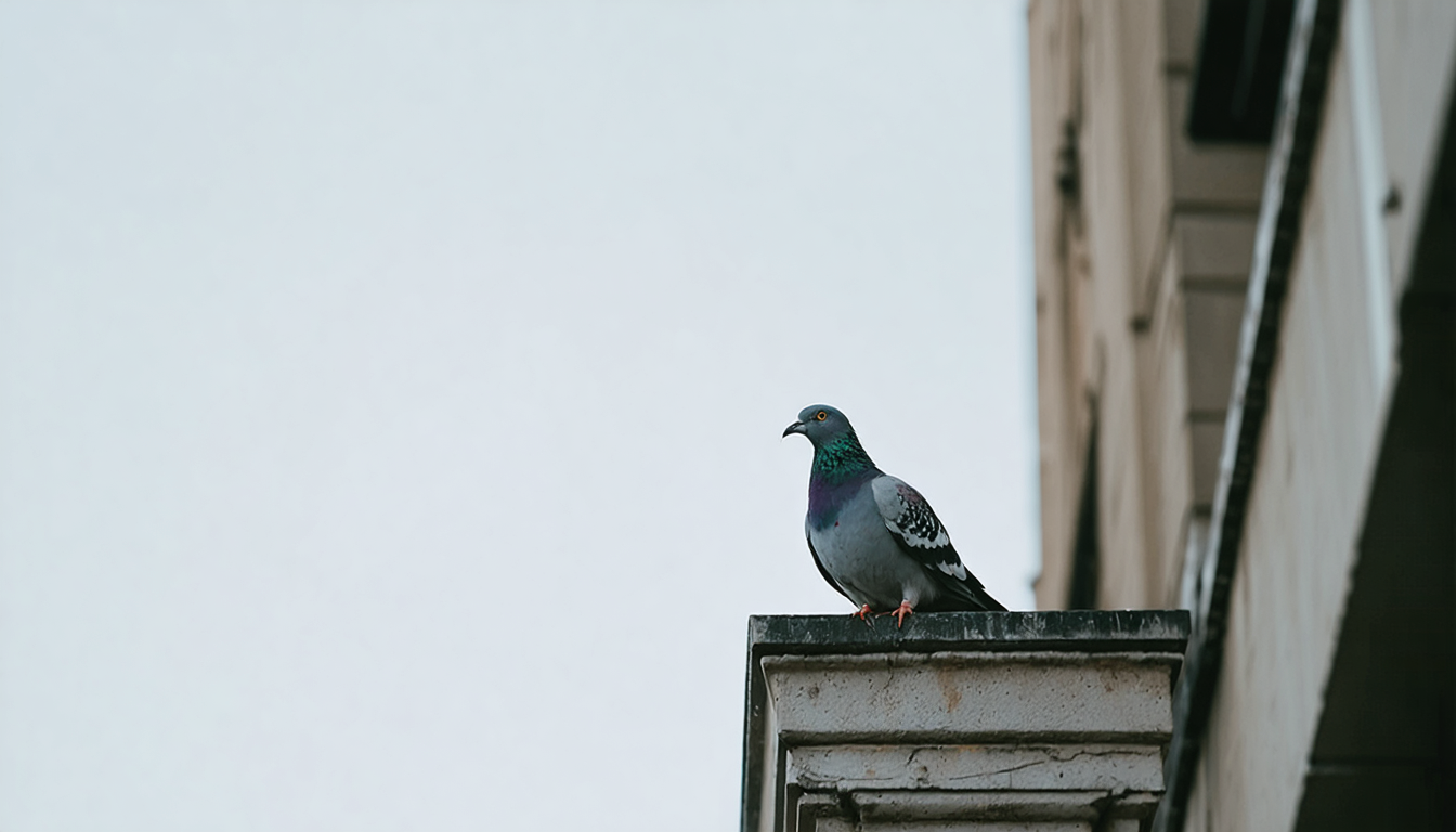 A lone pigeon perched on a high window ledge of a tall art deco hotel building, seen from below against a pale sky.