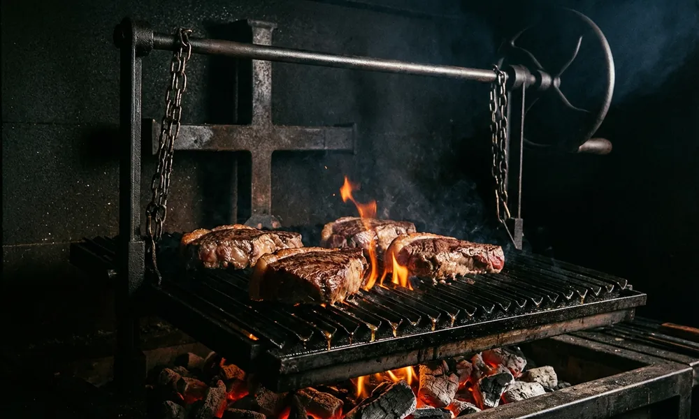 Picanha na grelha argentina em V invertido sobre brasas de lenha