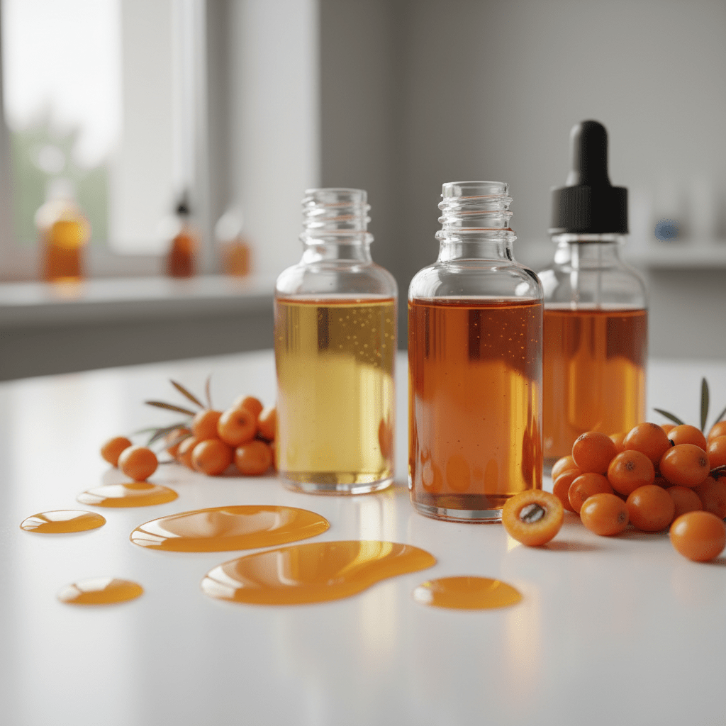 Sea buckthorn oil droplets and bottles on a clean lab bench