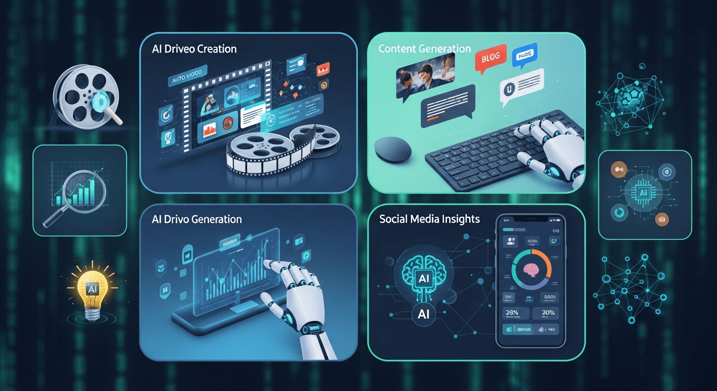 Collage of different AI marketing functions like video creation and data analysis