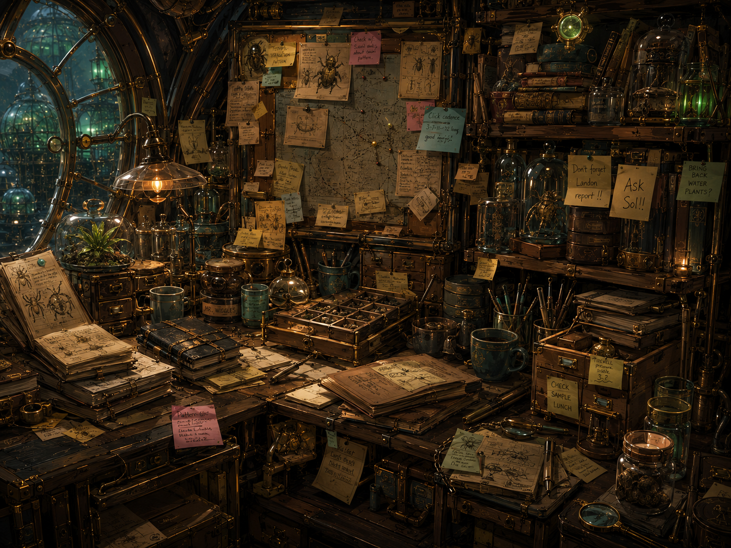 Auggie's desk overflow area with notes, boards, jars, and supplies