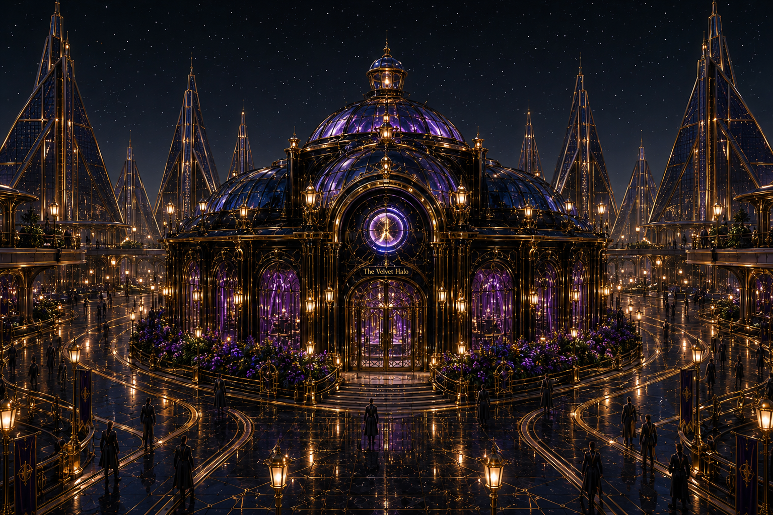 The Velvet Halo, an adult-only black and gold Skyward venue with purple glass, elegant nightlife architecture, and guarded public entry