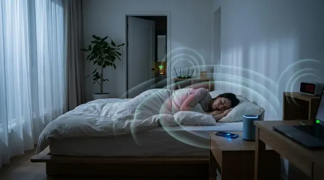 Sleeping person surrounded by glowing electronic devices emitting subtle electromagnetic waves in dim bedroom