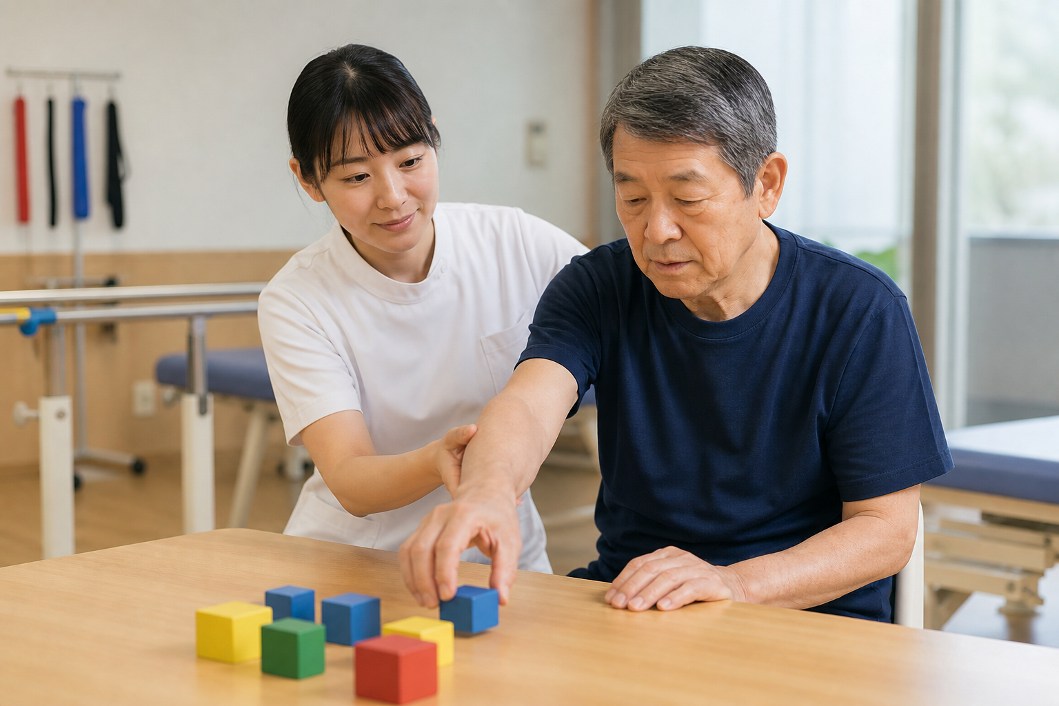 脳卒中後に専門職と上肢の課題練習を行う場面