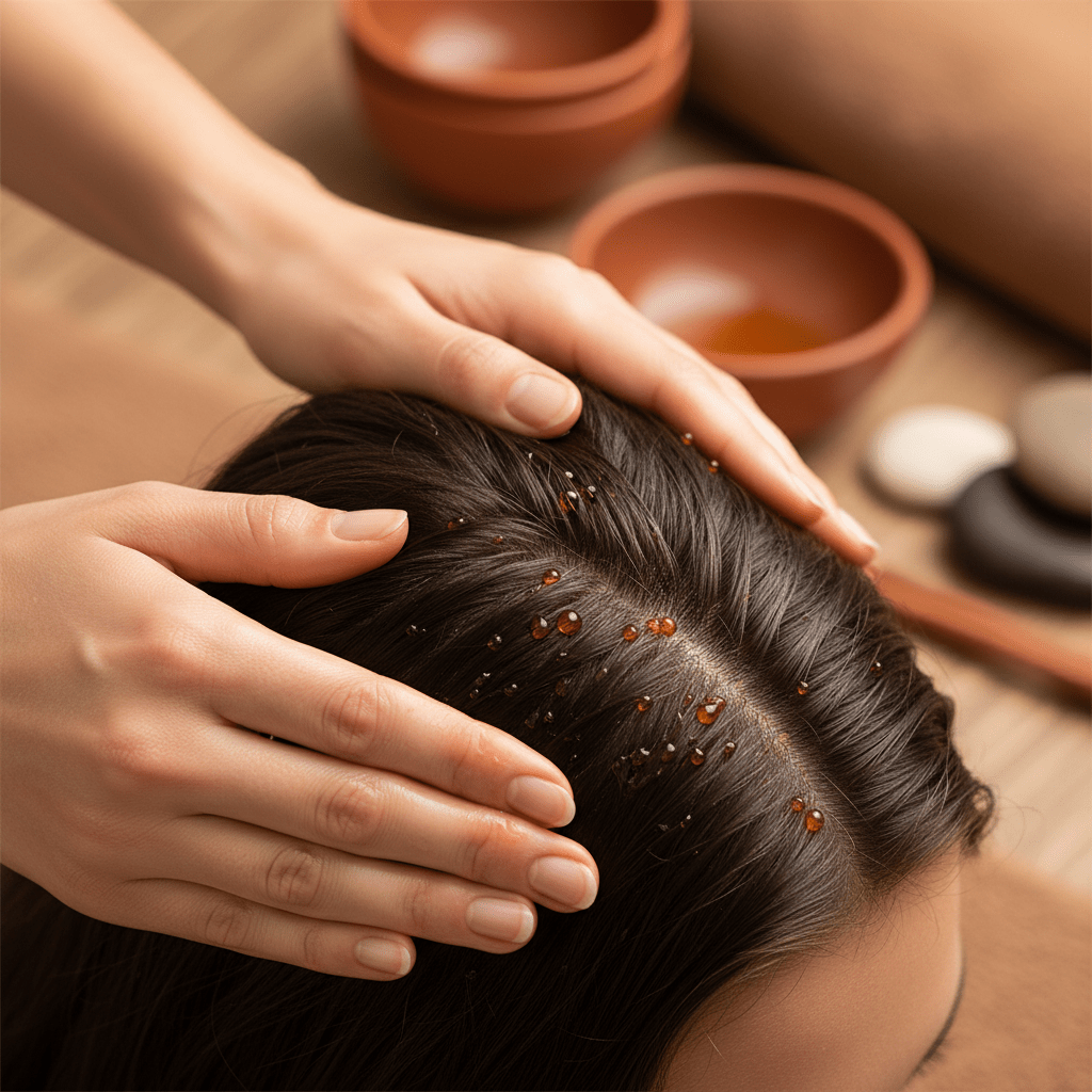 Hands massaging orange sea buckthorn oil into healthy dark hair at the scalp