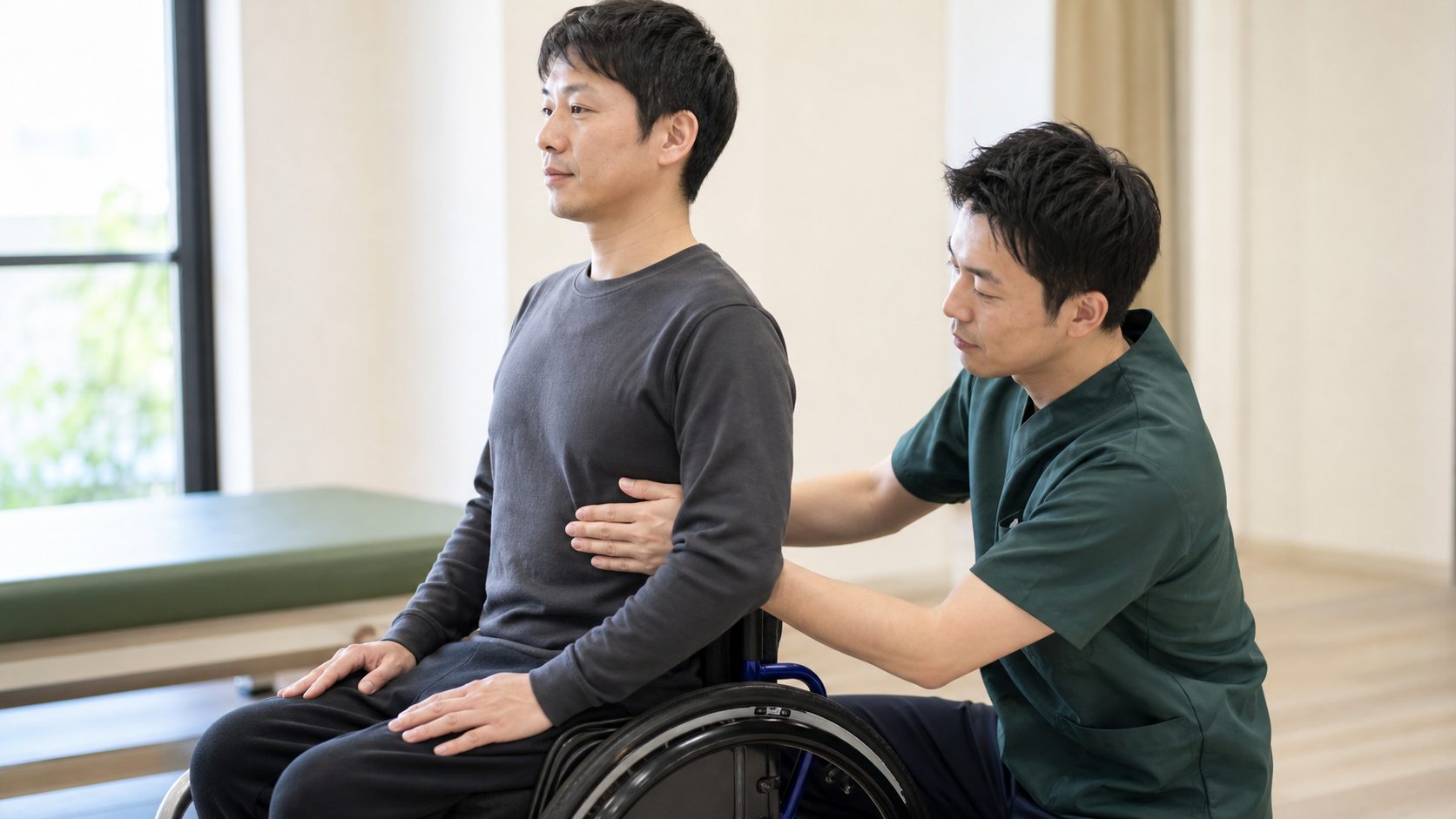 専門職が車椅子利用者の呼吸の動きと姿勢を確認する場面