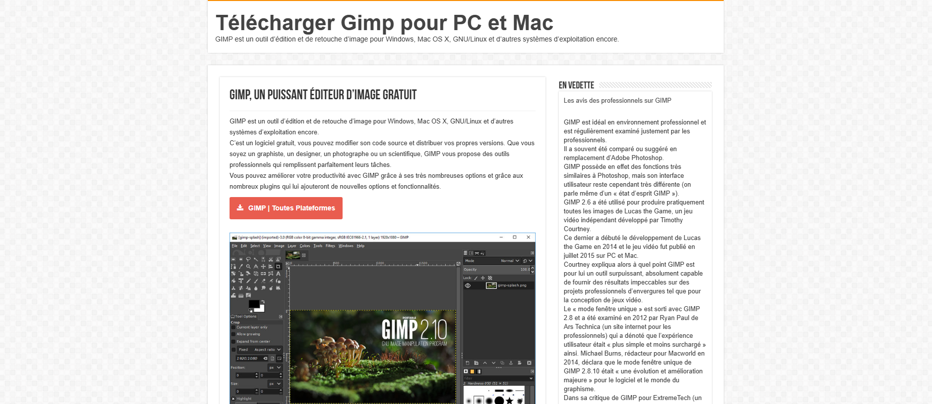 Forensic screenshot of telecharger-gimp.fr showing the phishing page layout