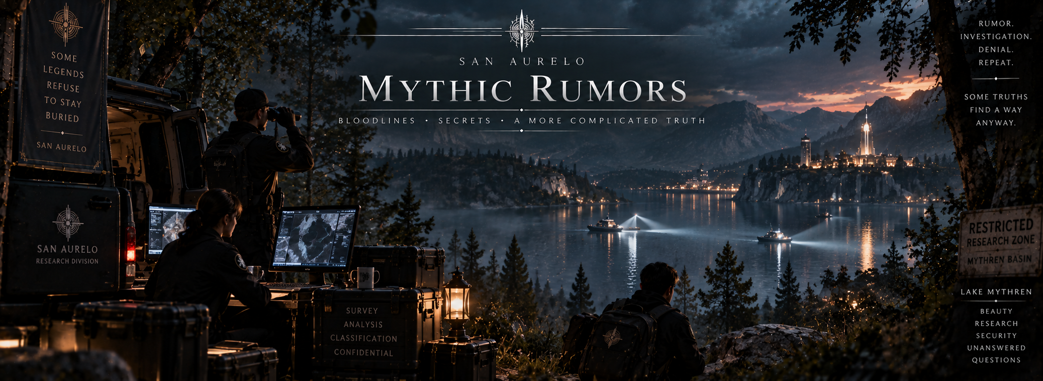 San Aurelan investigators searching the Lake Mythren region amid rumors of hidden mythic demi-human bloodlines.