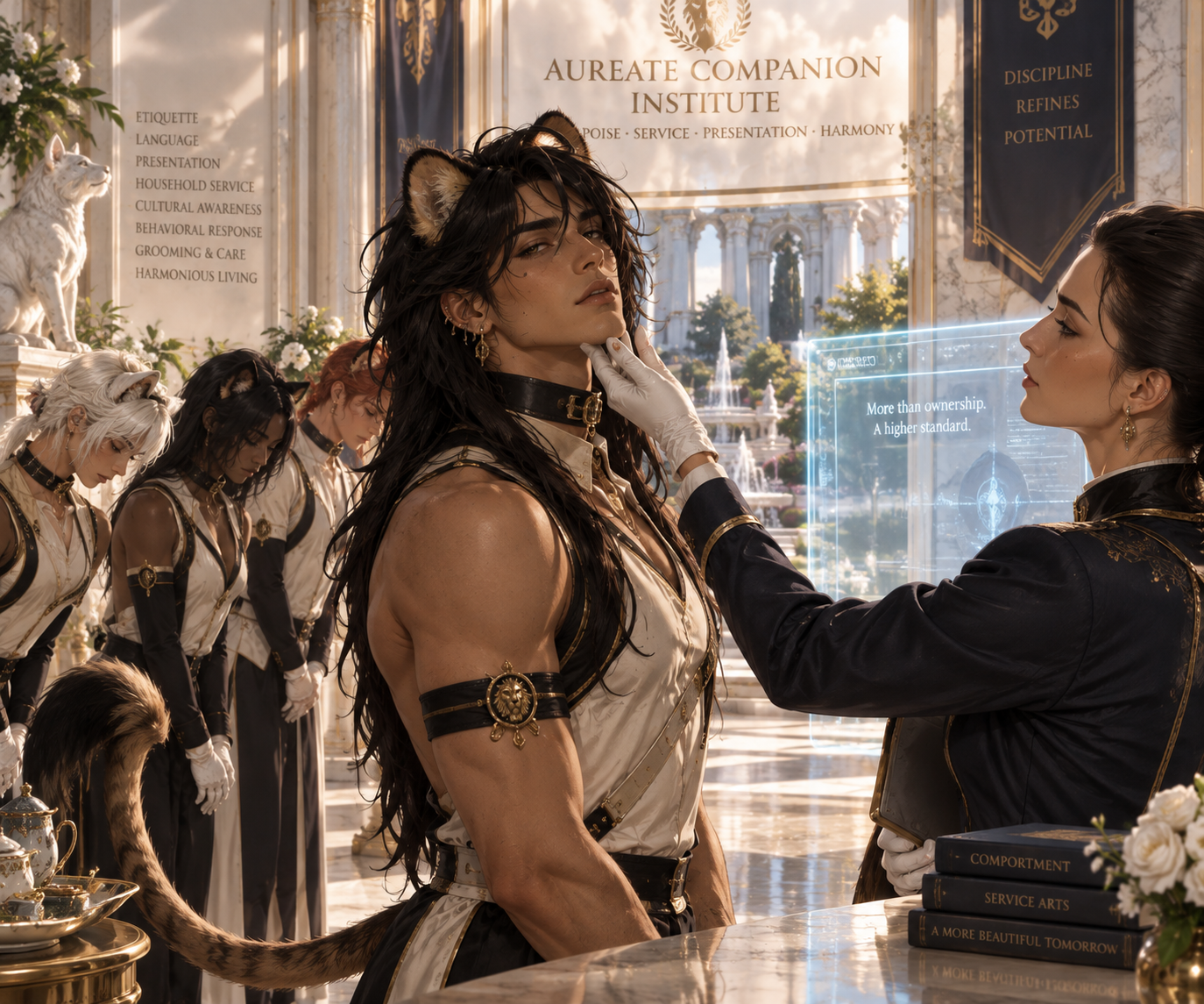 Lion demi-human undergoing etiquette instruction at the Aureate Companion Institute