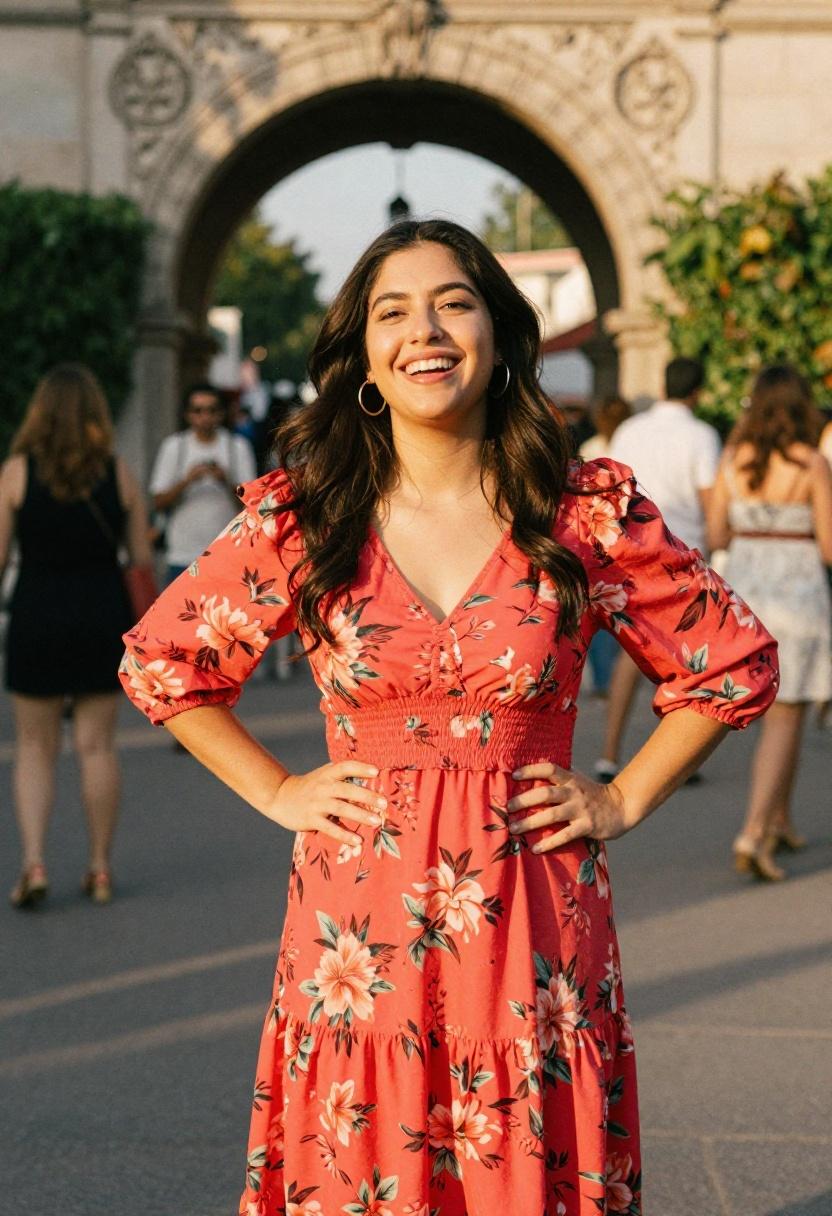 Coral-red smocked floral midi dress for a joyful bold promposal celebration
