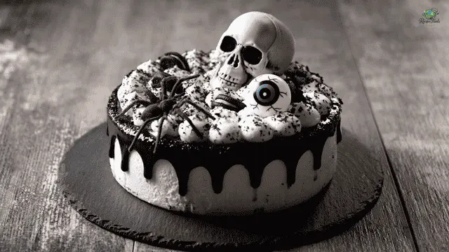 Halloween Cake Recipe A Halloween-themed cake with dark chocolate drip icing, white whipped cream dollops, cookie crumbles, and decorations including a skull, a giant eyeball, mini Oreo cookies, and a large spider.
