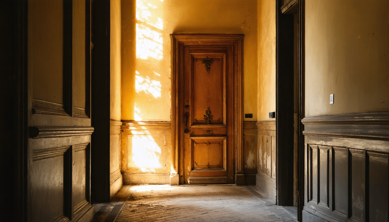 A closed door at the end of an empty corridor, patiently waiting for someone to stop admiring the hallway.