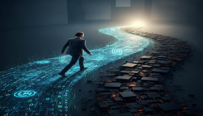 A determined person confidently steps onto a clear, glowing digital path, turning away from a dark, complex, and broken path filled with abstract digital obstacles. The scene metaphorically represents successfully navigating pitfalls to pass the LPIC-1 101-500 Linux exam.