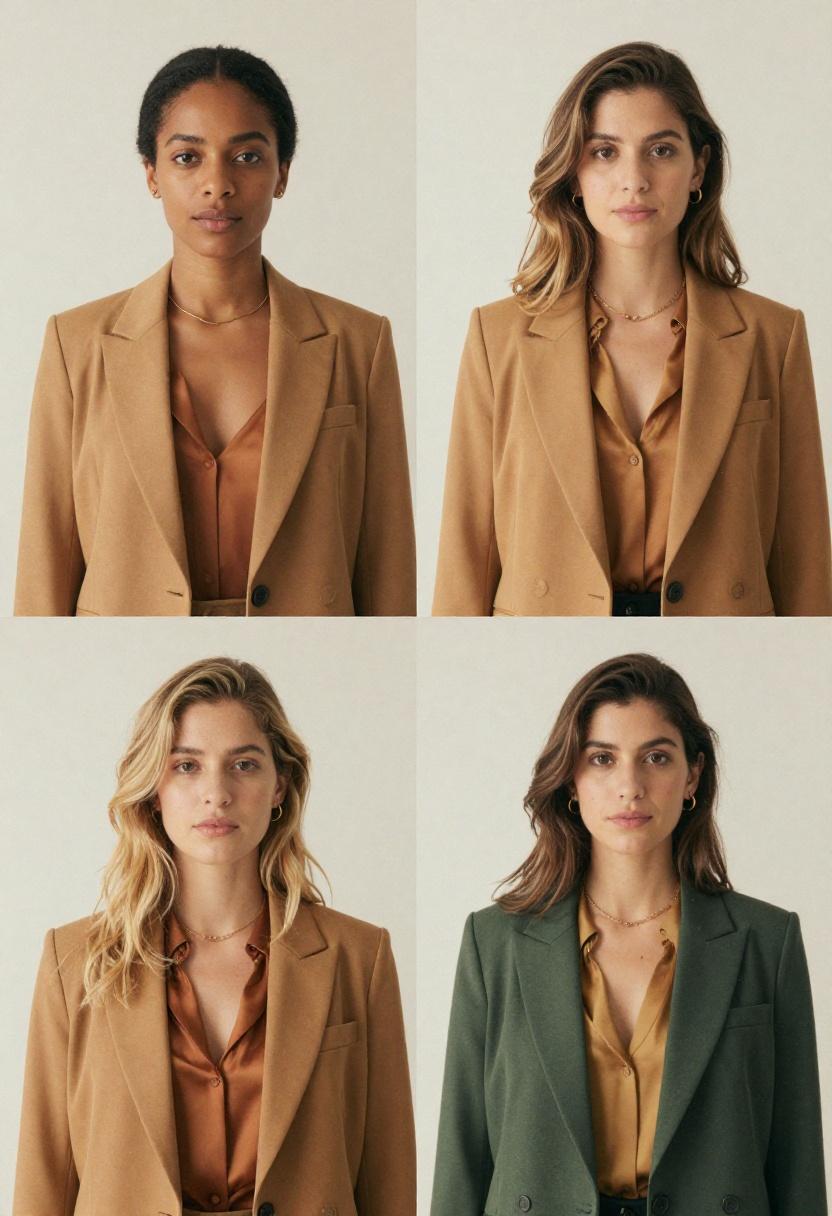 Four earth tone professional looks styled across a diverse duo with ochre blazers and moss green tailored trousers