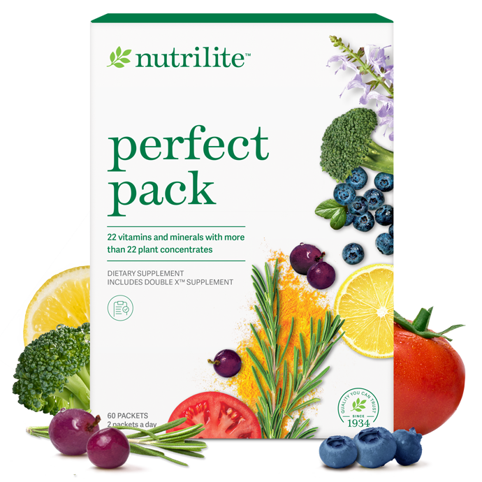 Nutrilite Perfect Pack box surrounded by fresh fruits, vegetables, and herbs