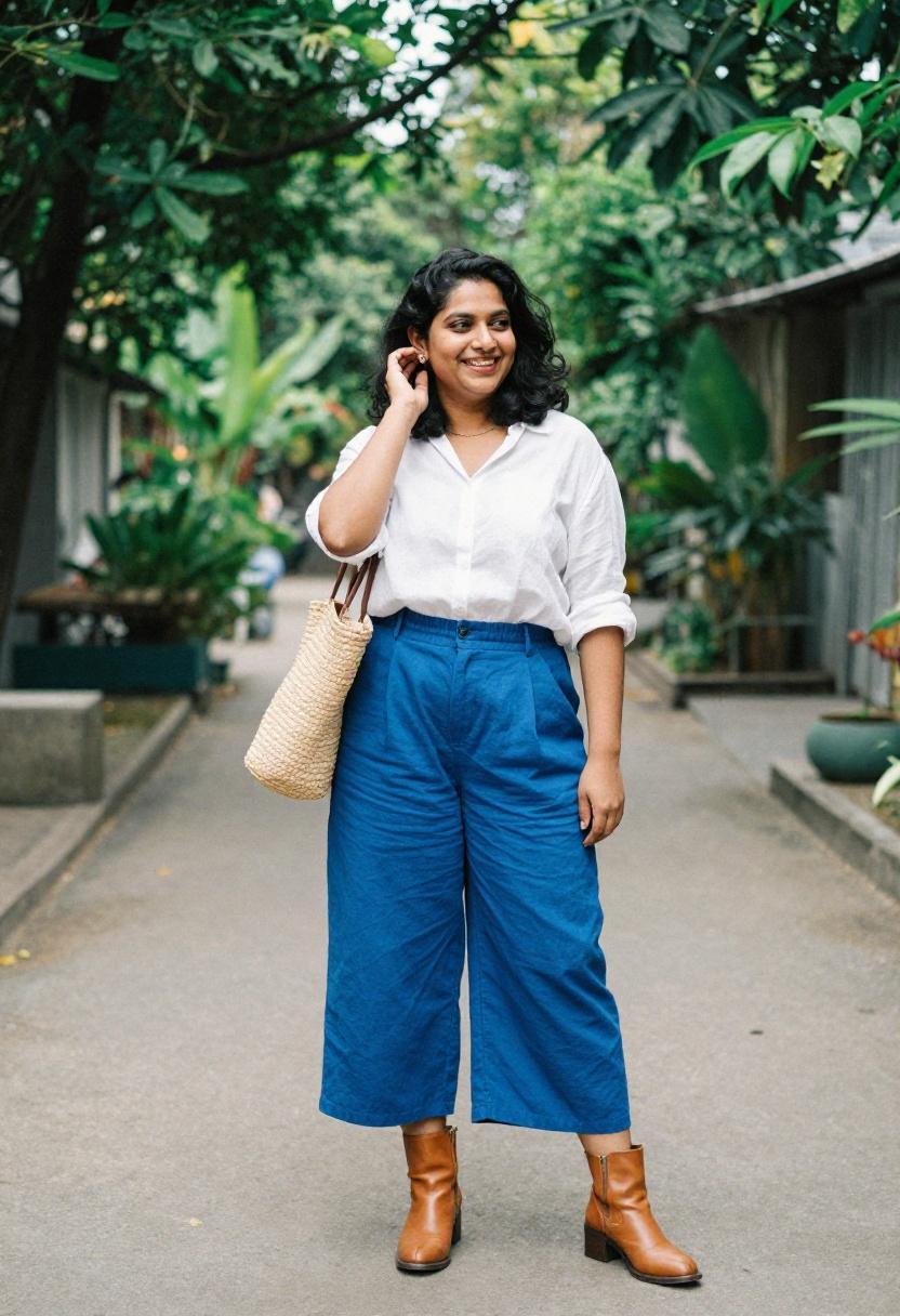 Cobalt blue wide-leg trousers and square toe boots making a vibrant statement on a sun-dappled garden path