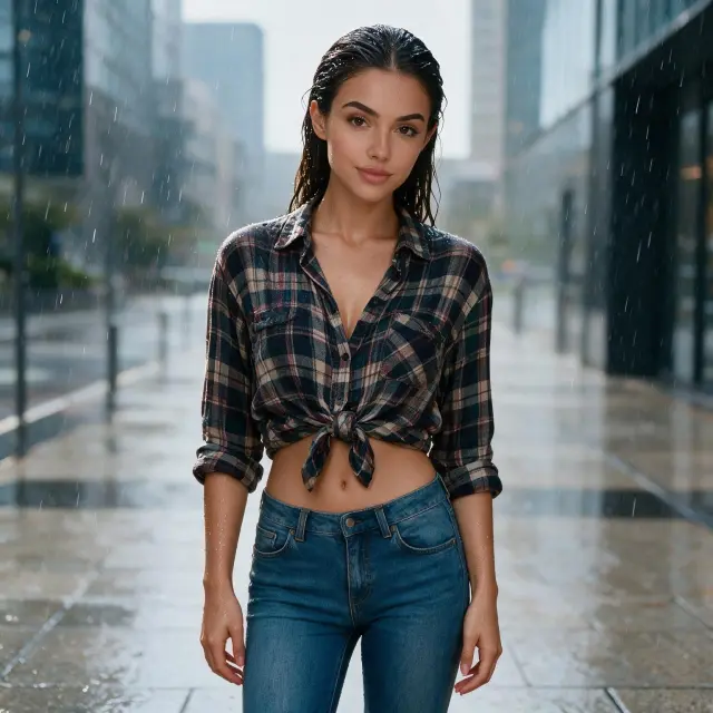 A girl with wet hair tied back, wearing a tied flannel shirt and tight blue jeans, standing in the rain, exposed stomach, [rainy background], [modern city street], full body view, slight smile, wet hair