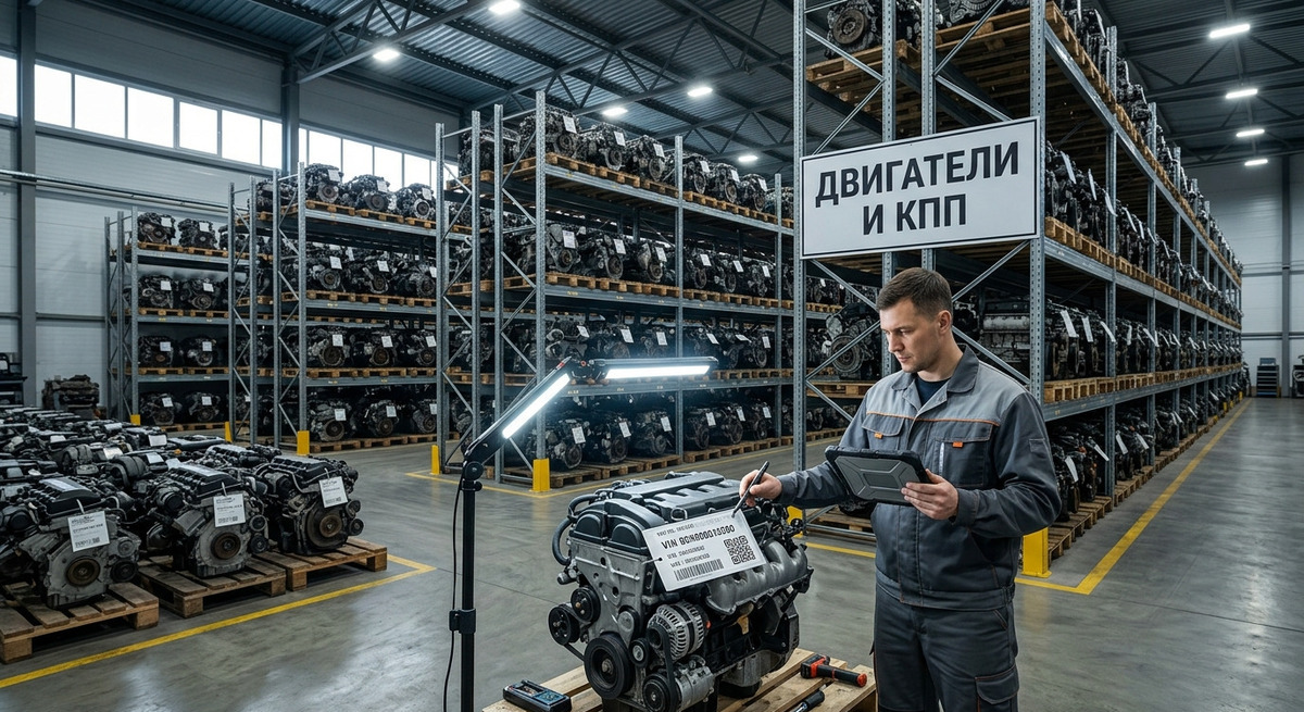 Склад контрактных двигателей и КПП с рядами стеллажей и специалистом, проверяющим VIN-номера.