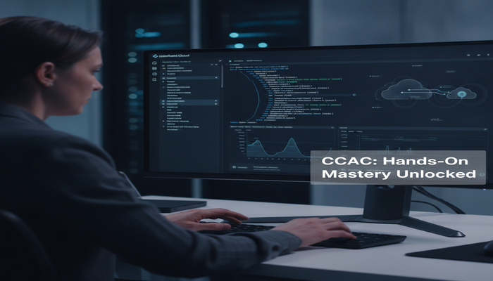 CCAC: Hands-On Mastery Unlocked A focused cloud operator intently working on a Confluent Cloud terminal with dynamic data streams, emphasizing hands-on experience for CCAC certification.