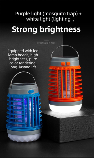 Blue 2-in-1 Cordless Flashlight & Zapper Lantern - Solar / USB Charging, 360° High Voltage Grid and Hanging Hook - Waterproof Mosquito Killer & 4-Mode Camping Light for Outdoor, Home & Patio