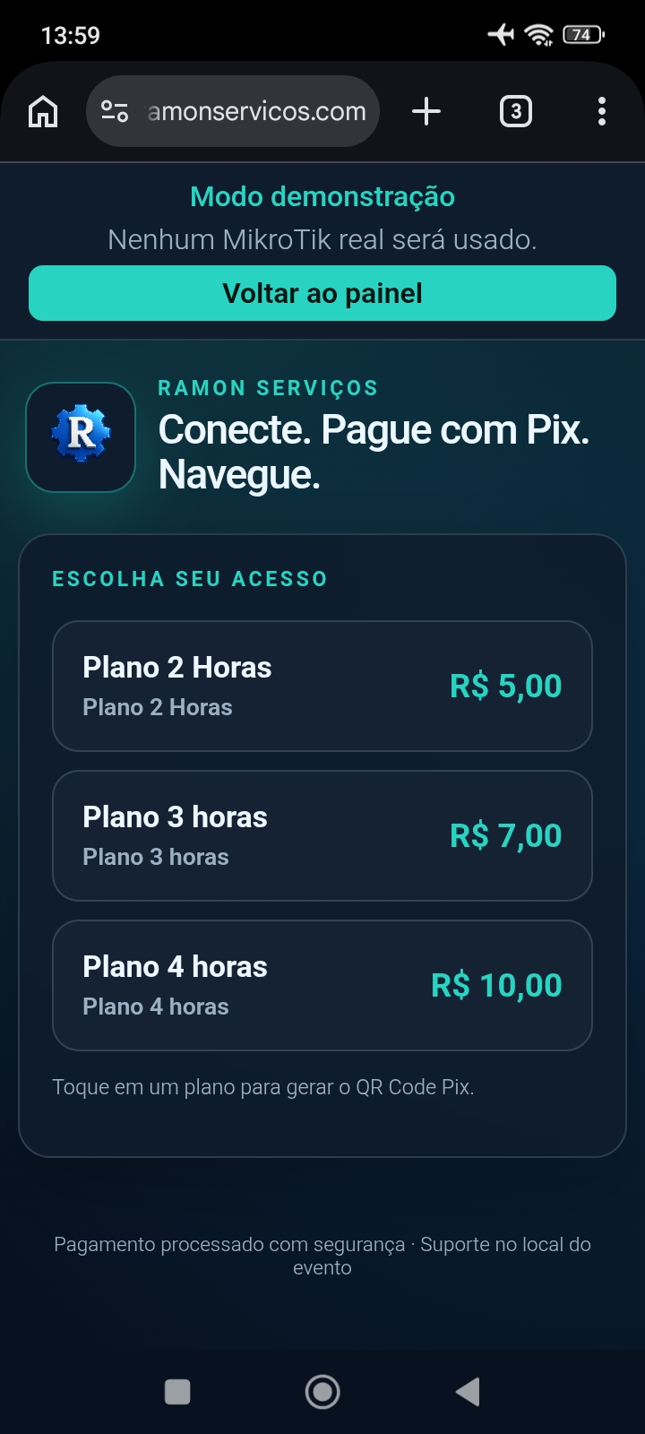 Tela de escolha de planos no QRCodeVenda