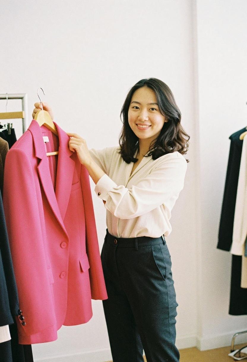 Fuchsia blazer held up with warm smile, petite work wardrobe building